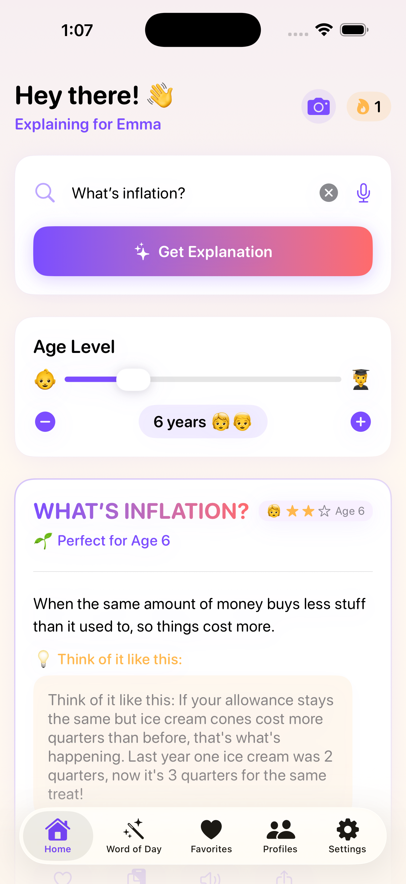 WhyBuddy app showing age-appropriate explanation for a child
