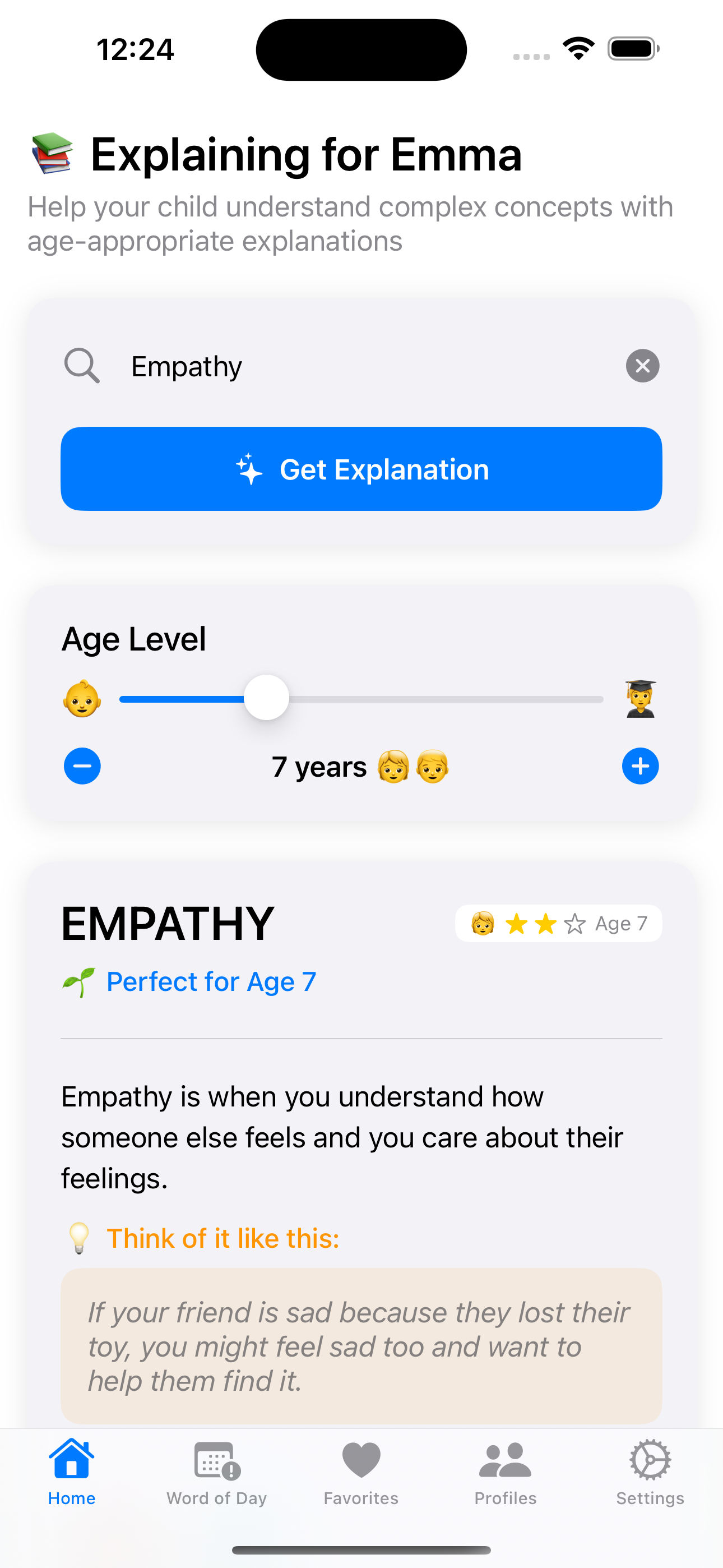WhyBuddy App Interface showing age-appropriate explanations